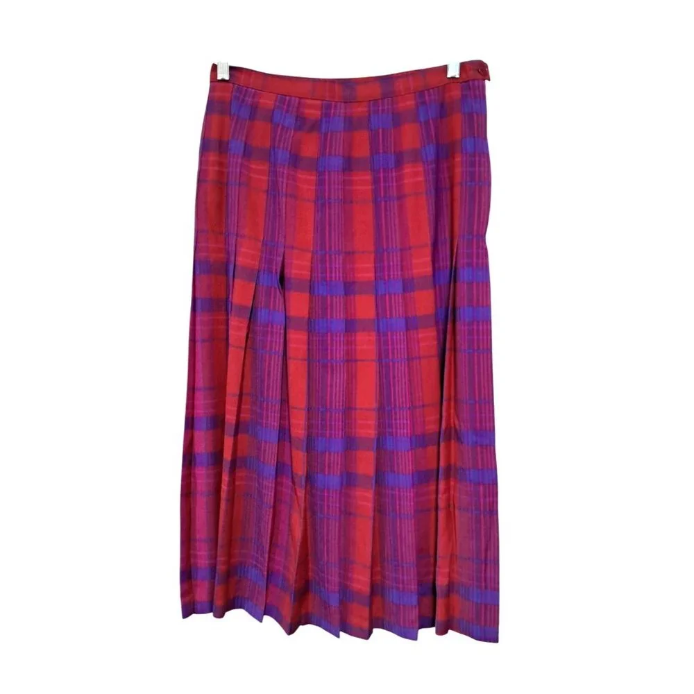 Pendleton Pleated Skirt Womens 6 / 8 Vintage Red Purple Plaid Wool Midi Made USA
